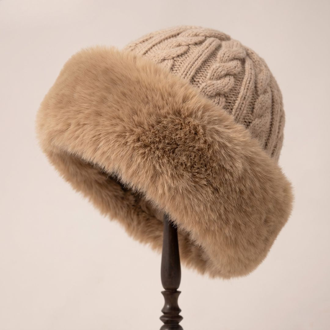 Destinee Fur-Trim Cable Beanie in Khaki
