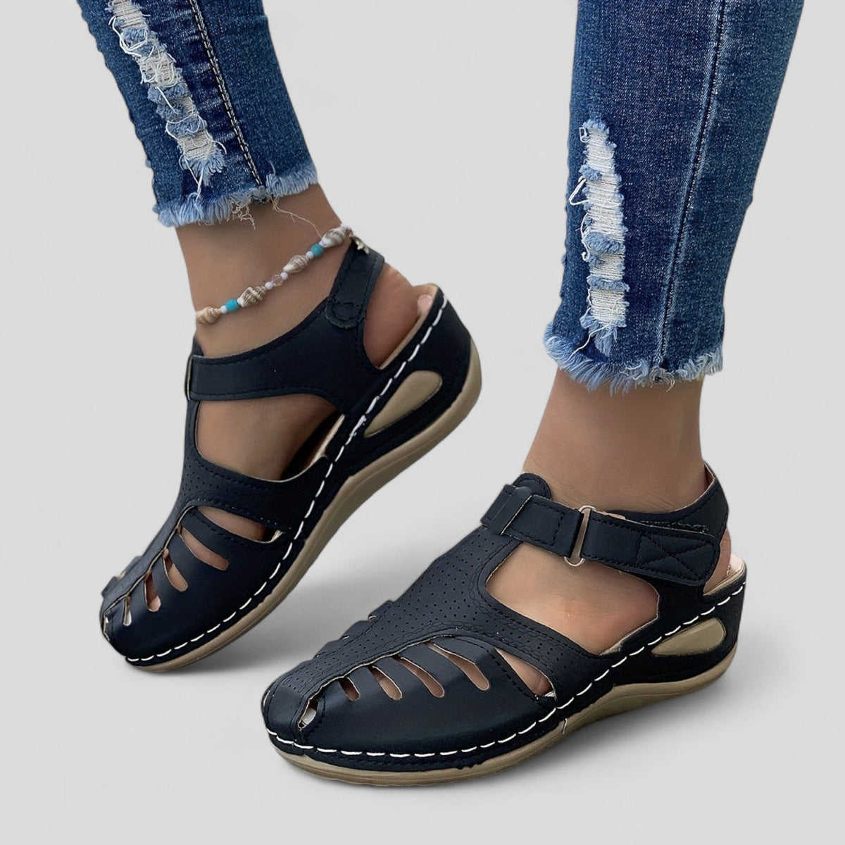 Dolly Closed-Toe Cut-Out Sandals in Black