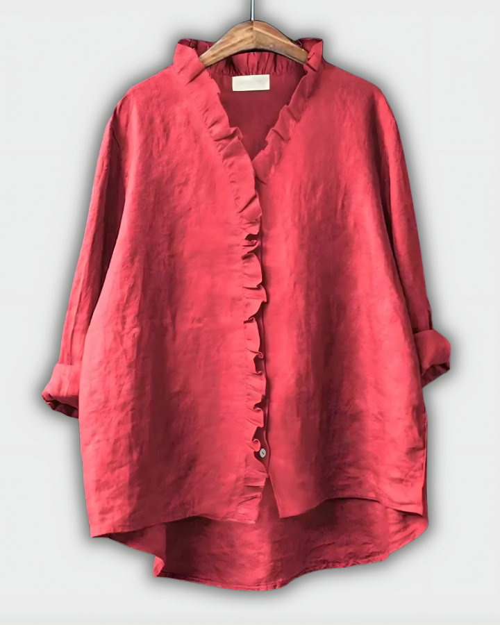 Dorcas Ruffle Placket Shirt in Red