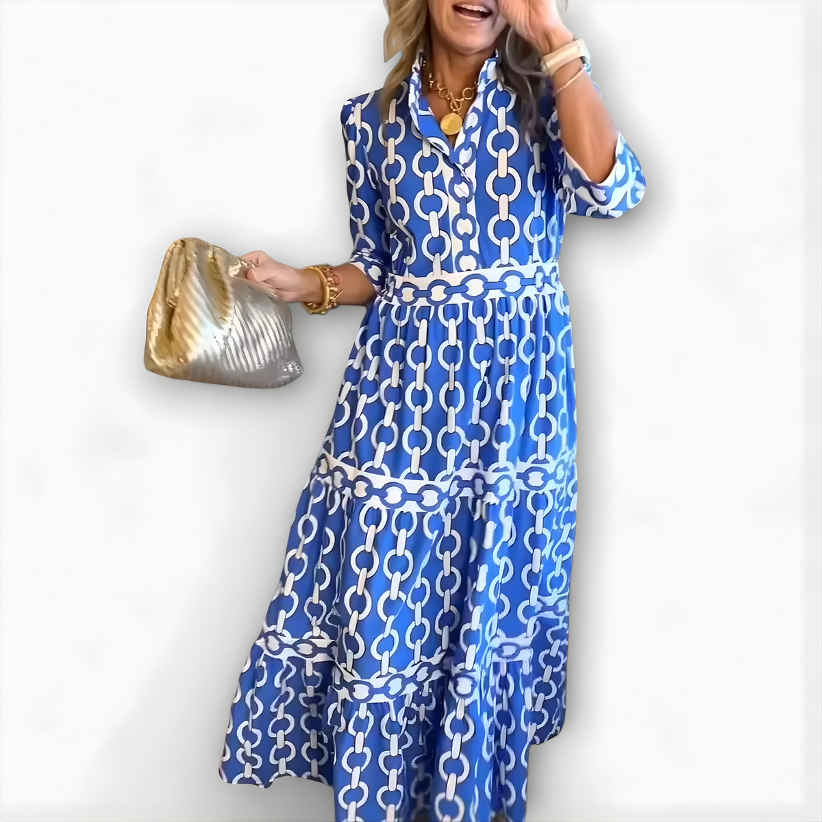 Elanor Chain Print Dress in Blue