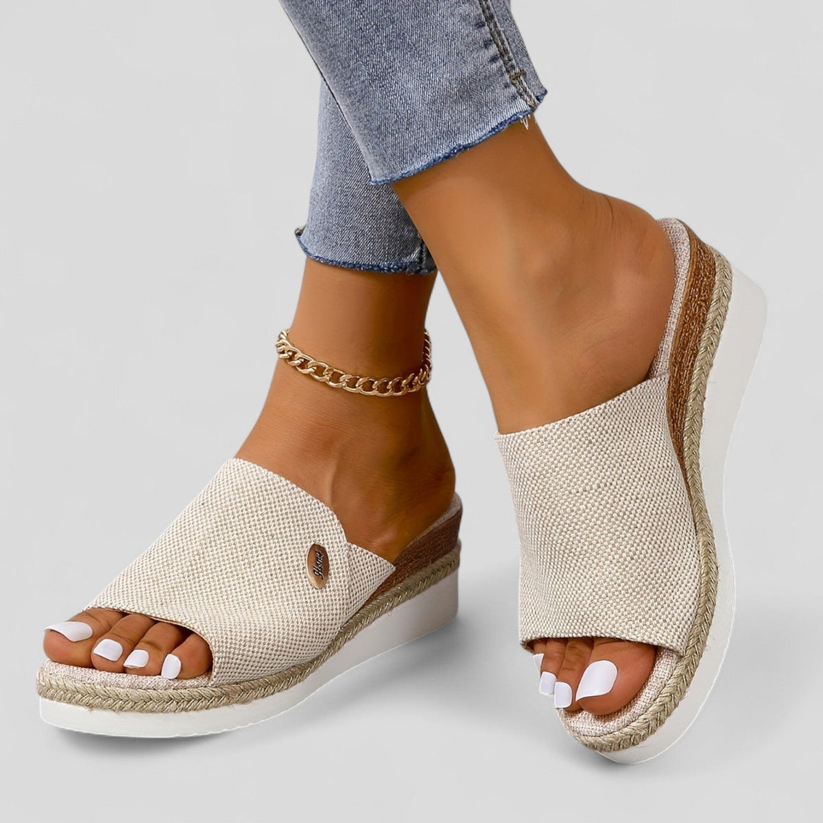 Ellen Linen-Look Wedge Slides in Beige