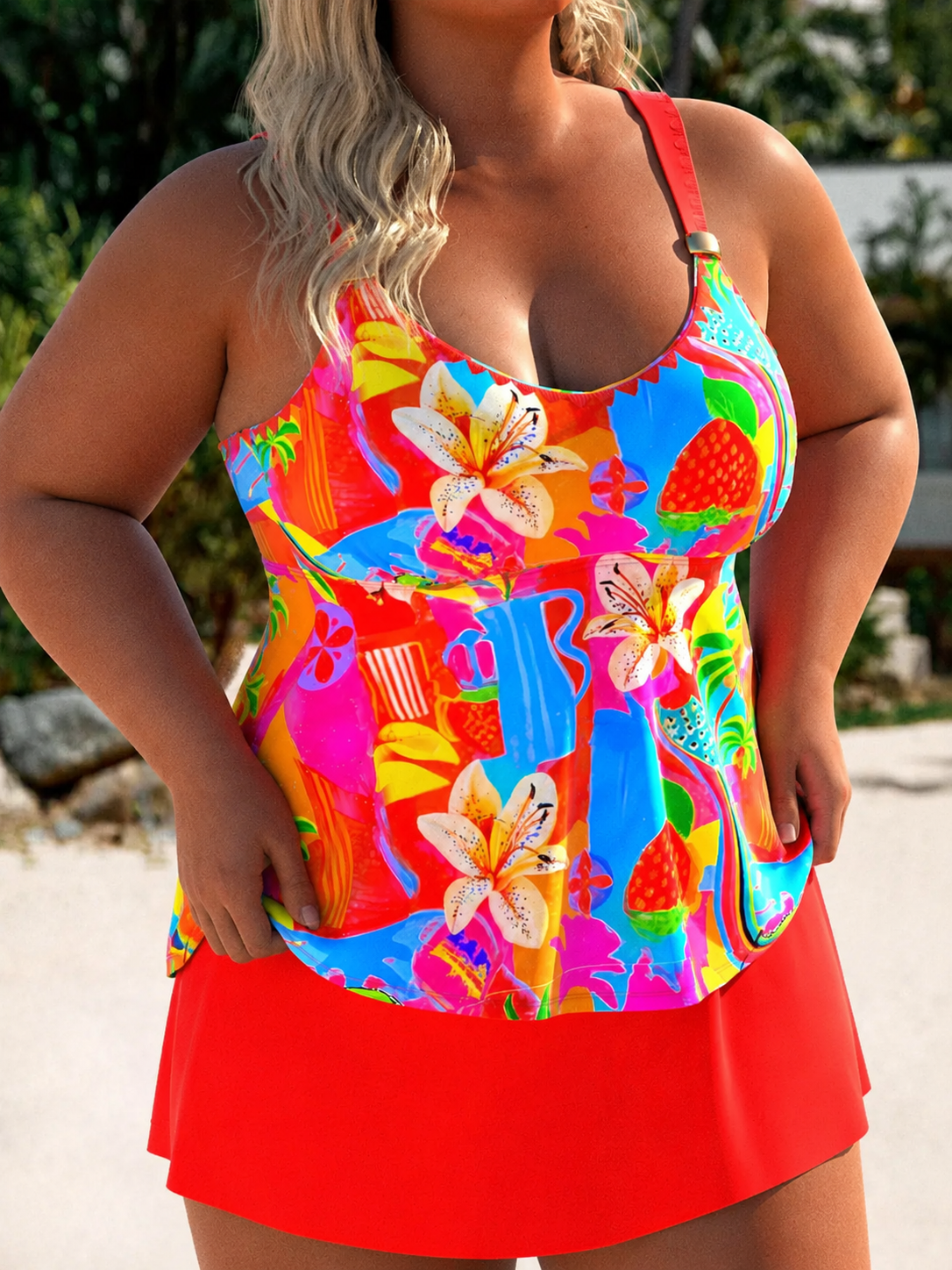 Elsa Tropical Skirted Tankini in Coral