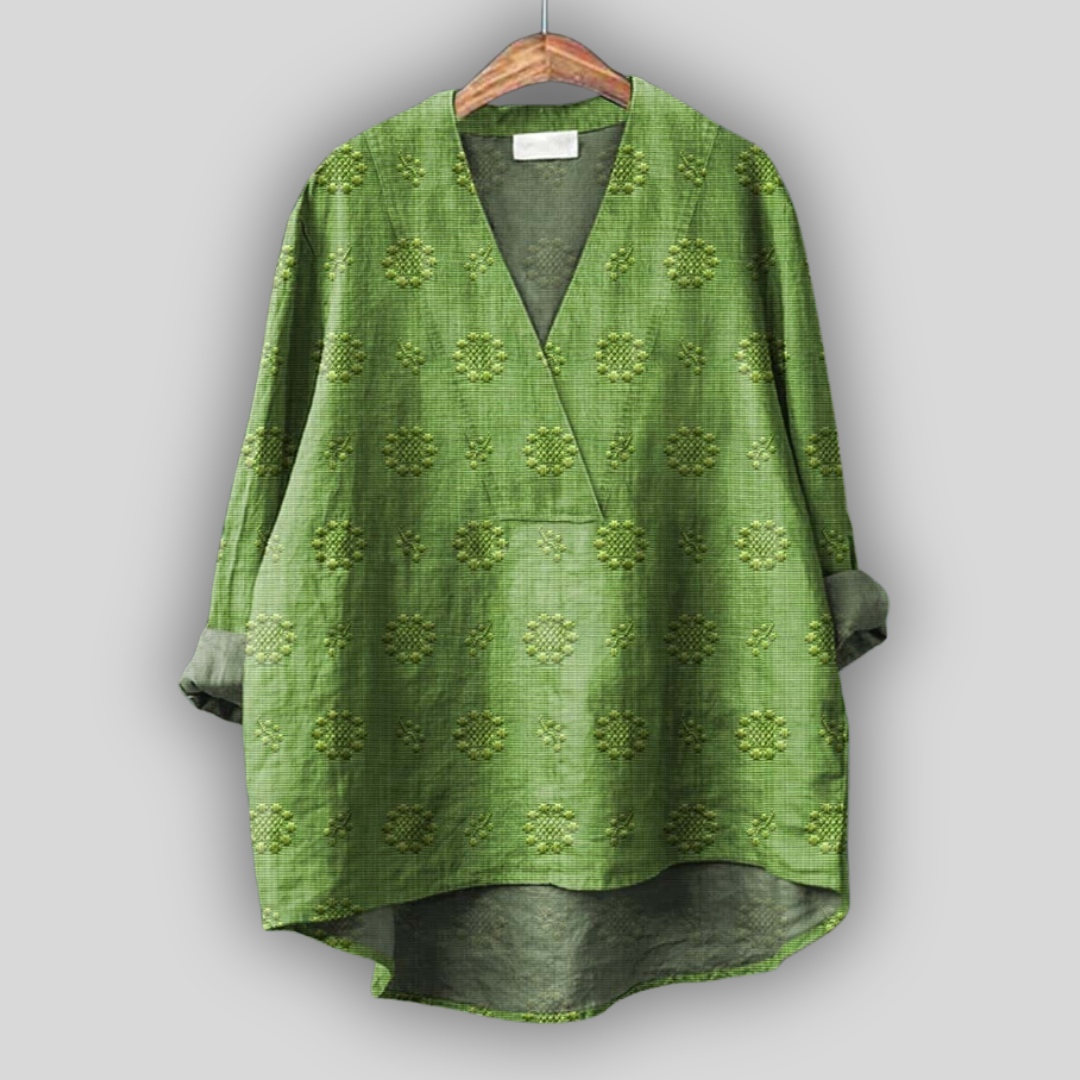 Elsabeth Textured Wrap-Neck Top in Green