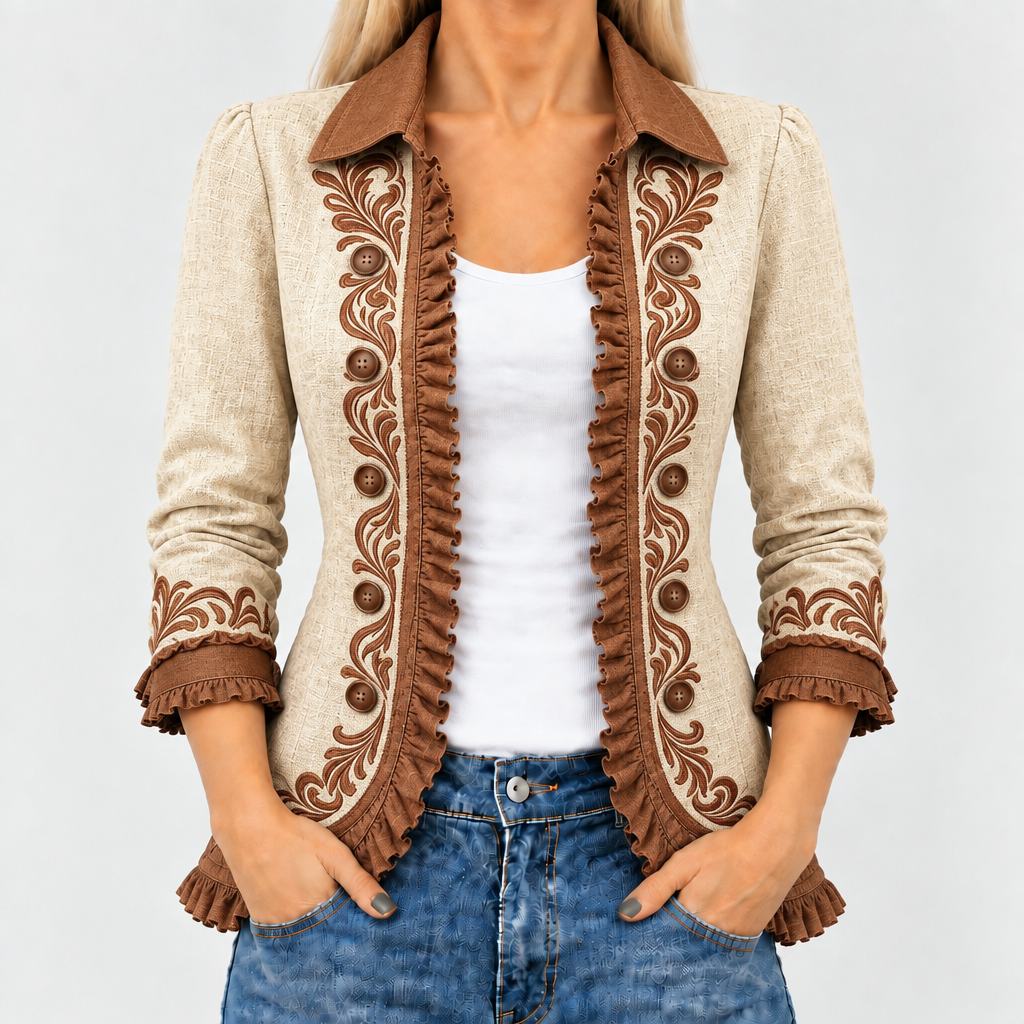 Esmae Scroll Trim Jacket in Tan & Brown