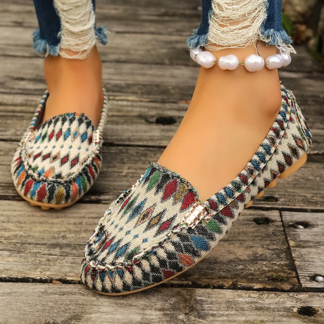 Fiorella Woven Print Loafers in Beige