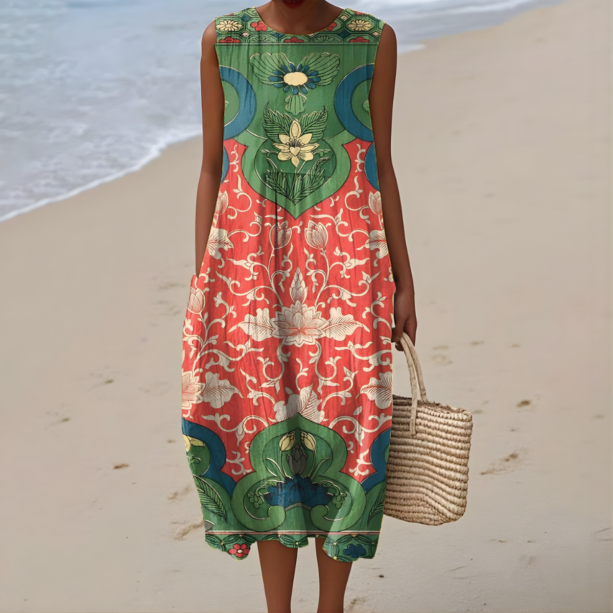 Florentina Ornate Panel Dress in Coral Green