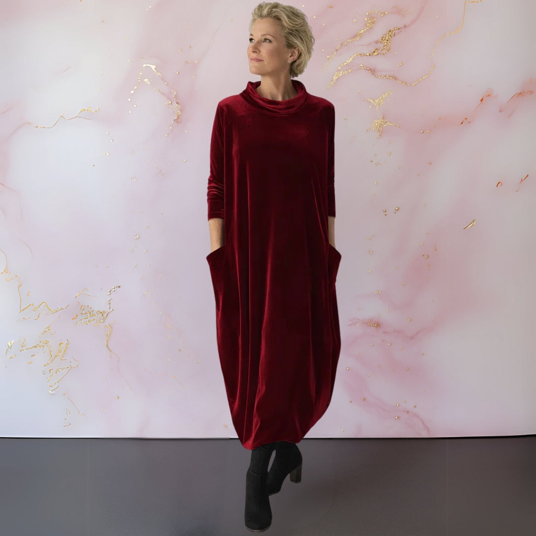 Floy Velvet Funnel-Neck Maxi in Red