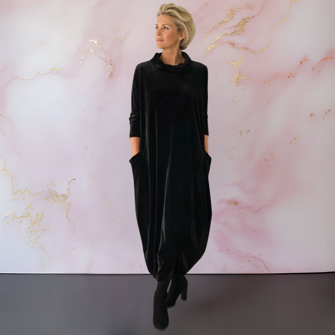 Floy Velvet Funnel-Neck Maxi in Black