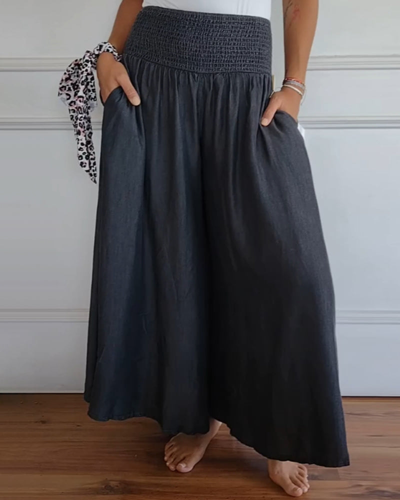 Georgie Smocked Wide-Leg Pants in Grey