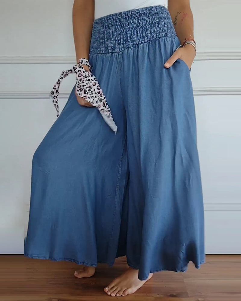 Georgie Smocked Wide-Leg Pants in Blue