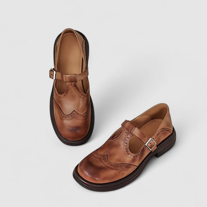 Ginette Brogue T-Bar Shoes in Brown