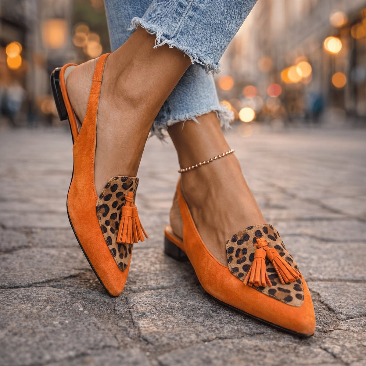 Ginette Tassel Slingback Flats in Orange and Leopard