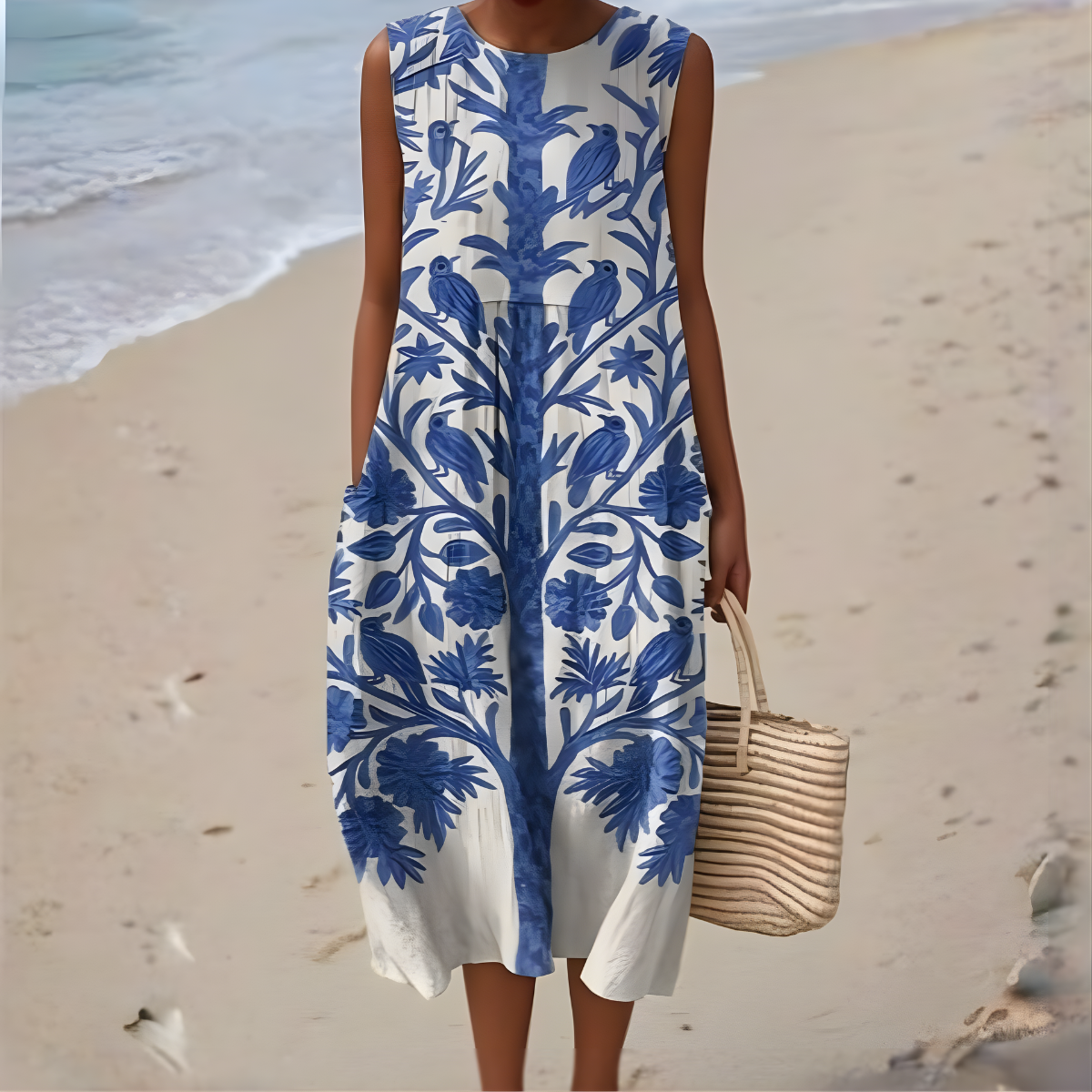 Gisella Bird Branch Dress in Blue Palm Print