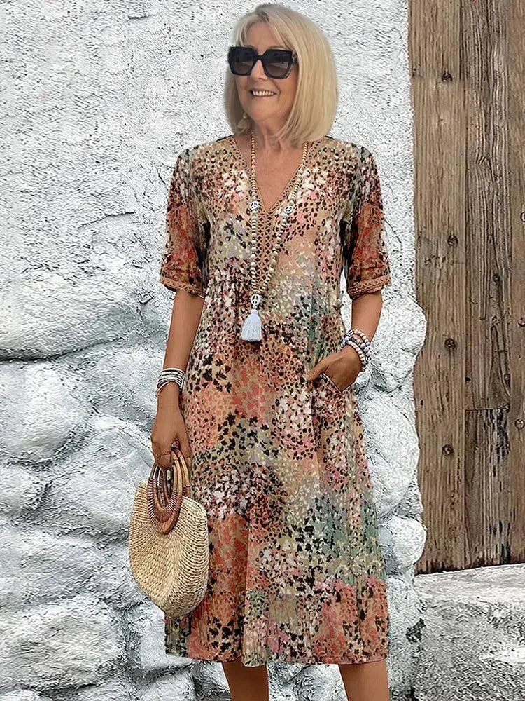 Gracie Mosaic Print Dress in Sandy Beige