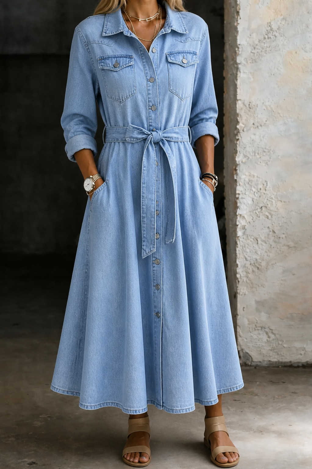 Harriette Belted Shirt Dress in Light Blue