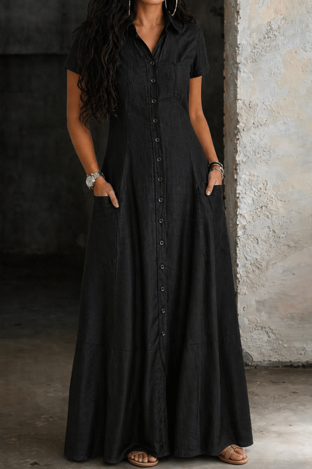 Haylee Maxi Shirt Dress in Black