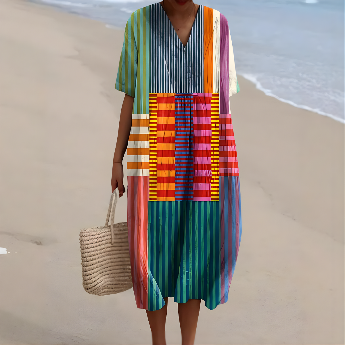 Hebe Striped Patchwork Dress in Multicolour
