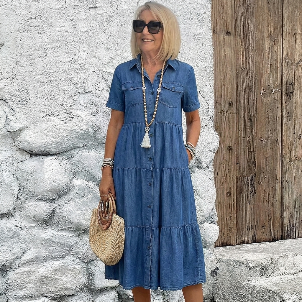Lifestyle shot of a woman in the navy blue midi dress, demonstrating its effortless movement and versatile style.