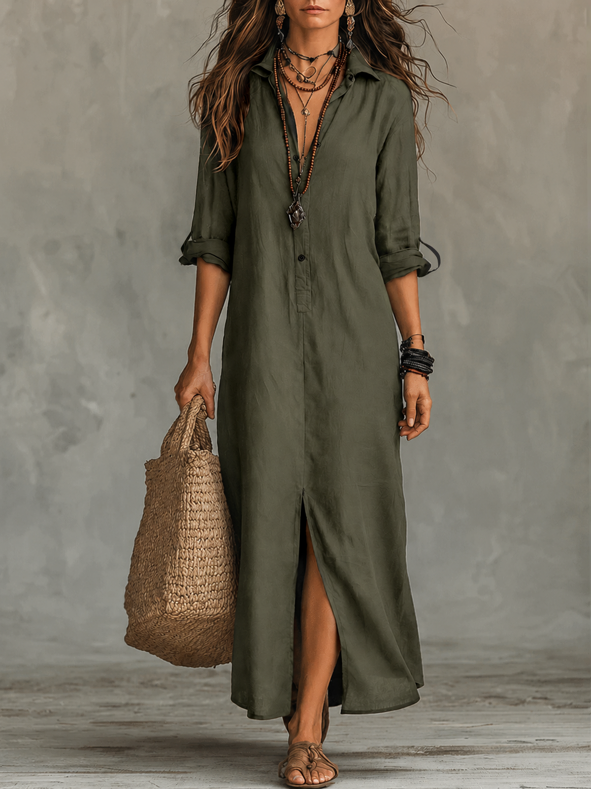 Hilde Button-Through Maxi Dress in Green