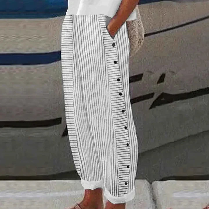 Ida Striped Button-Side Pants in White