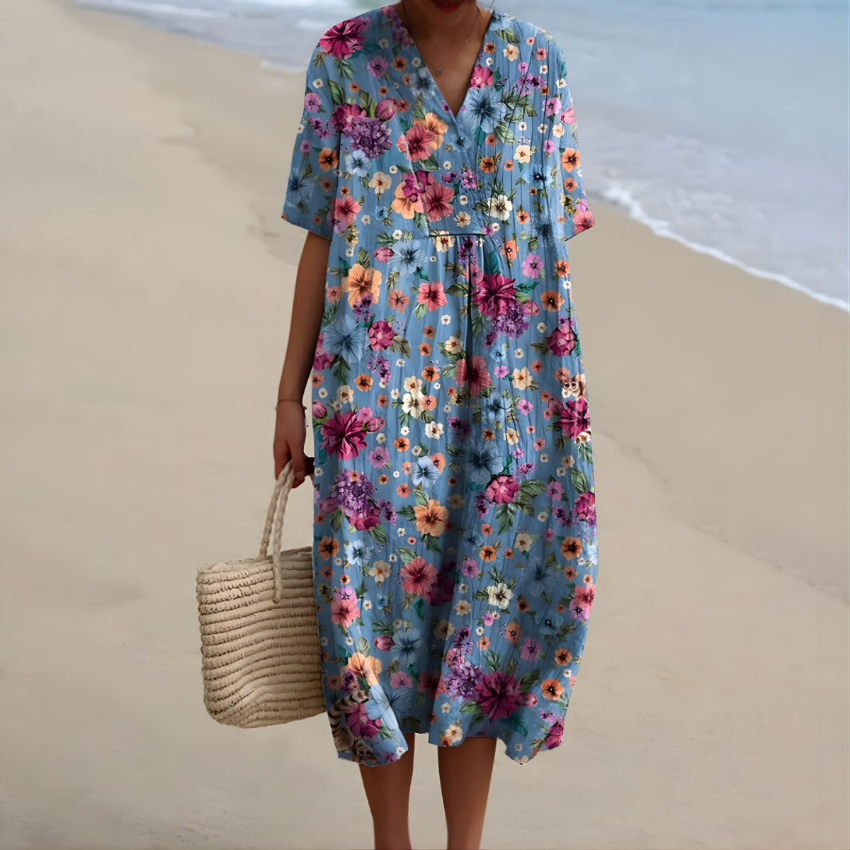 Idony Floral V-Neck Dress in Blue Floral