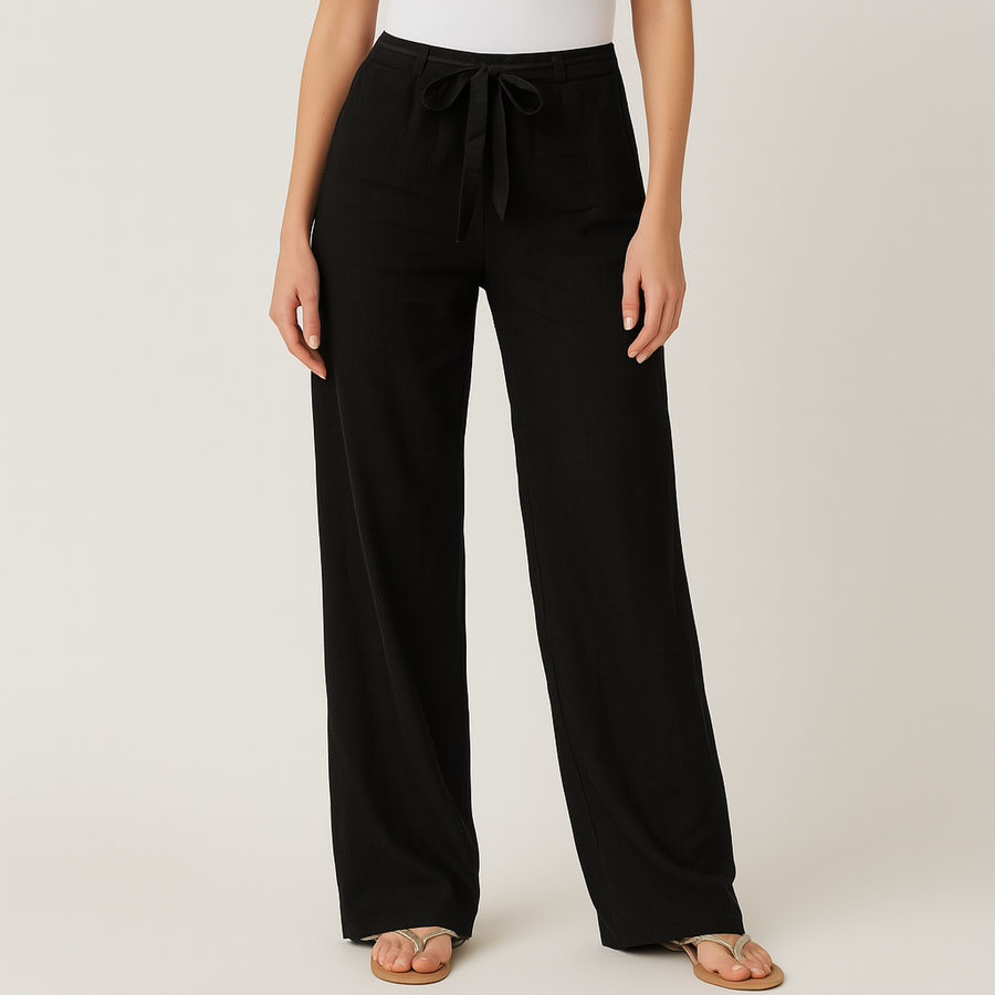 Iona Tie-Waist Wide Pants in Black