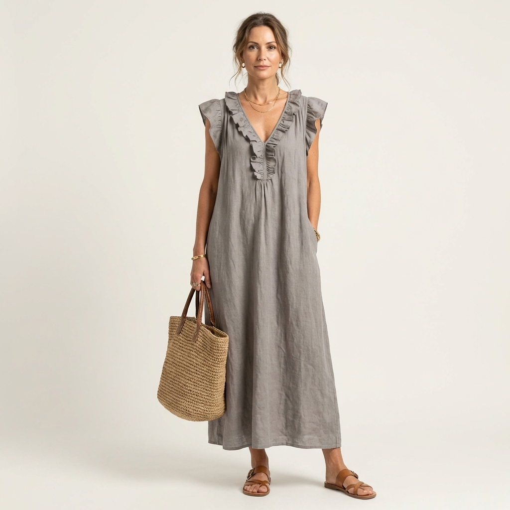 Iona Ruffle Maxi Dress in Gray