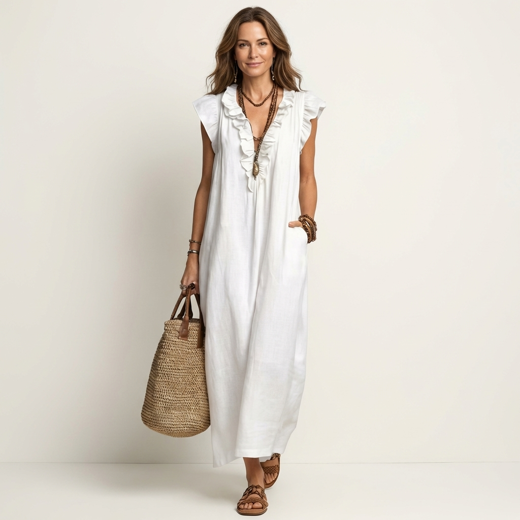 Iona Ruffle Maxi Dress in White