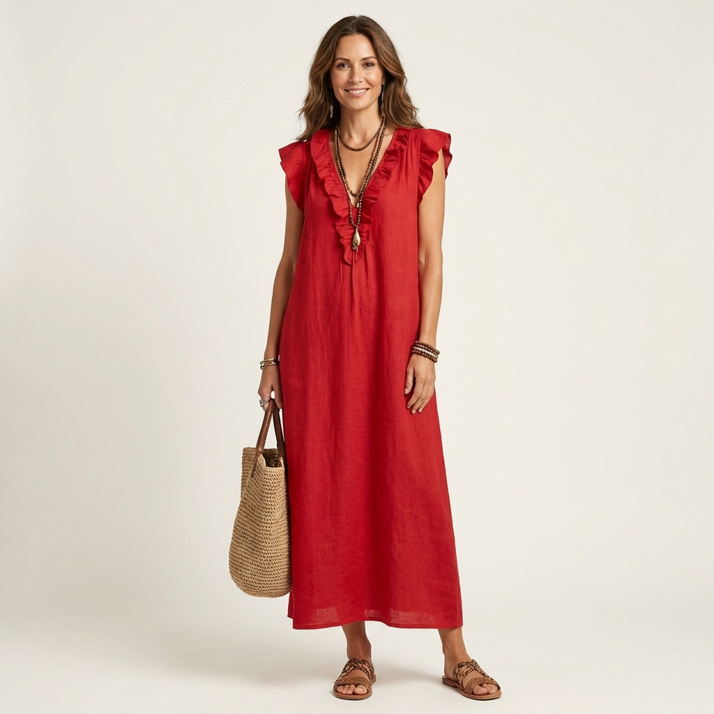 Iona Ruffle Maxi Dress in Red