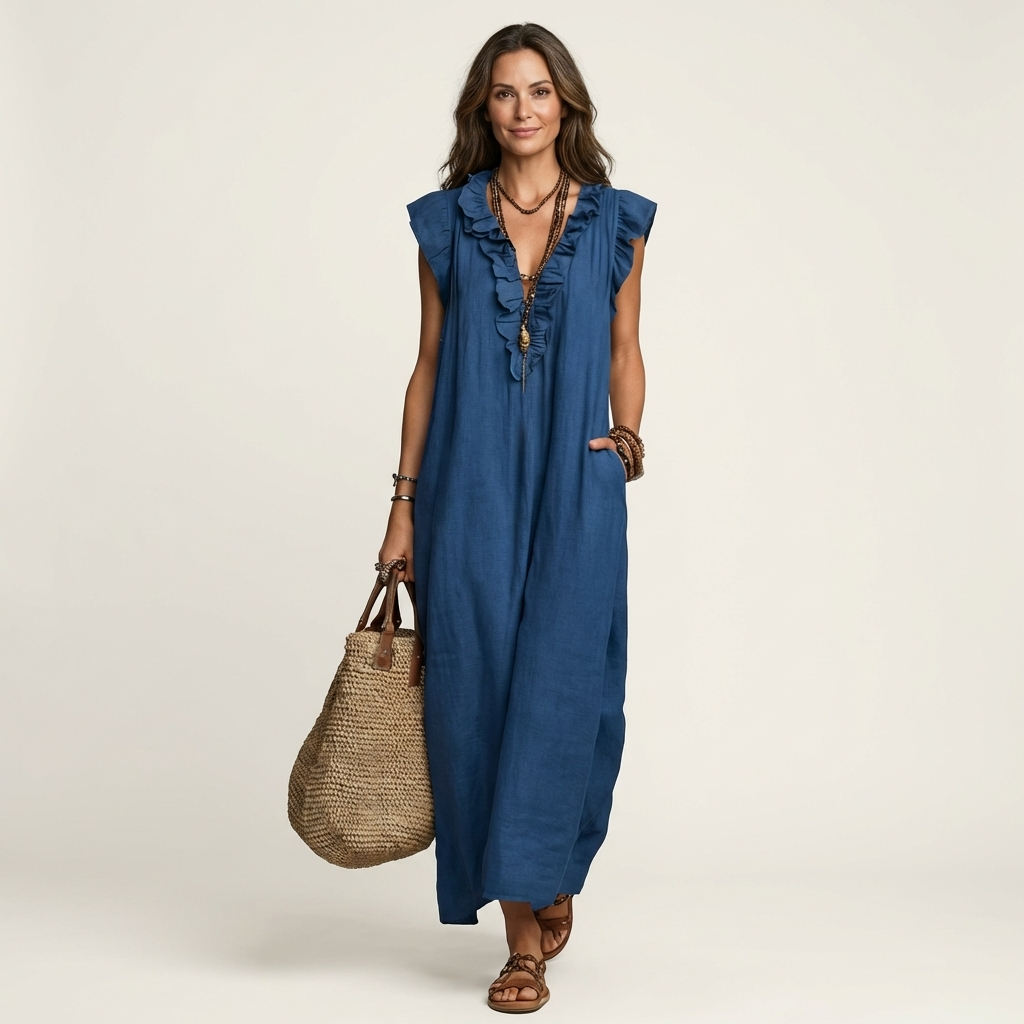 Iona Ruffle Maxi Dress in Blue