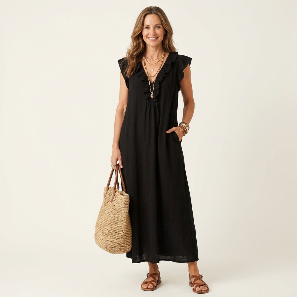 Iona Ruffle Maxi Dress in Black