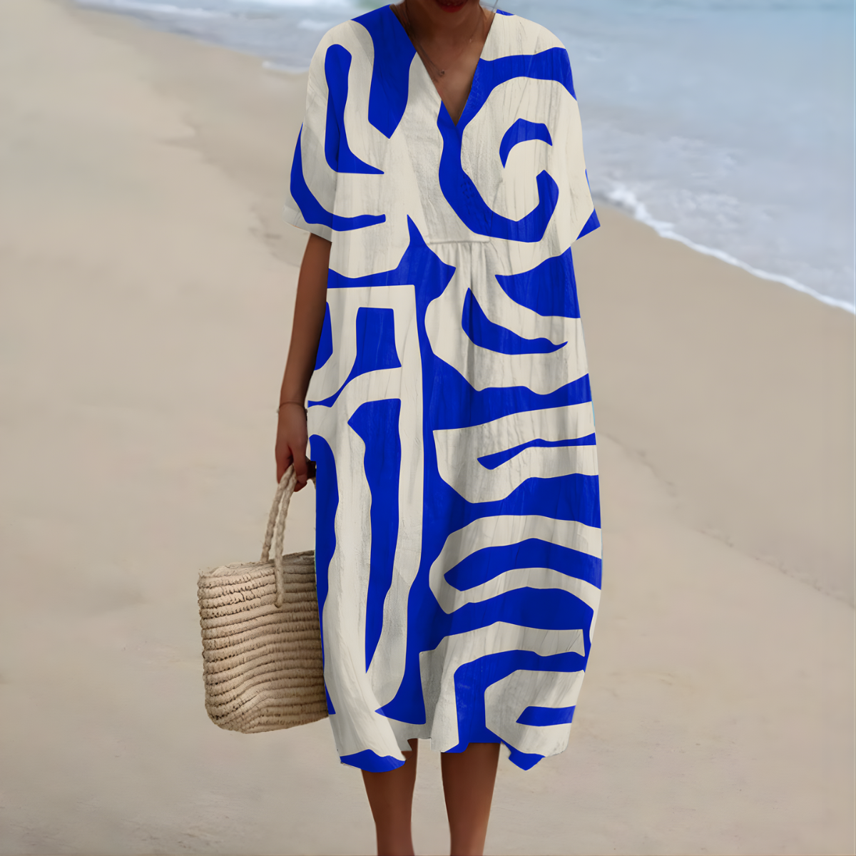 Isolda Swirl Print Dress in Ocean Blue