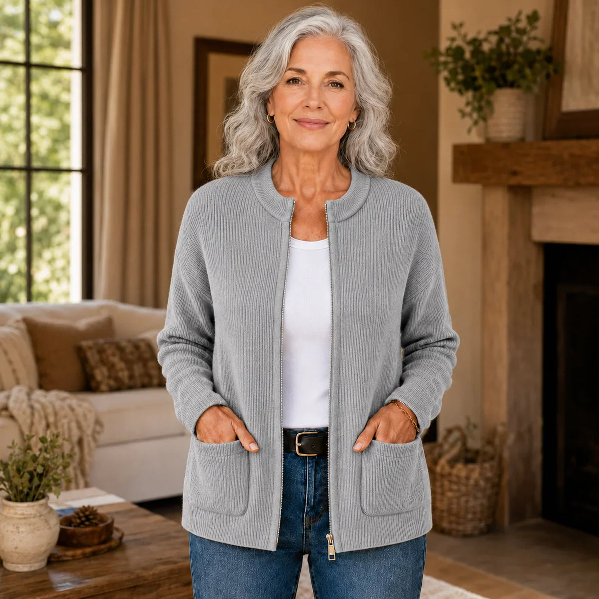 Isotta Zip Front Cardigan in Grey