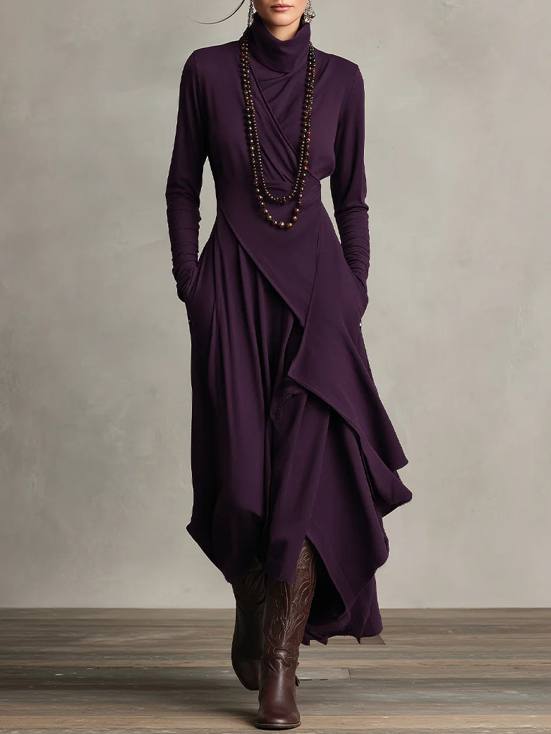 Jacinthe Draped Turtleneck Dress in Purple