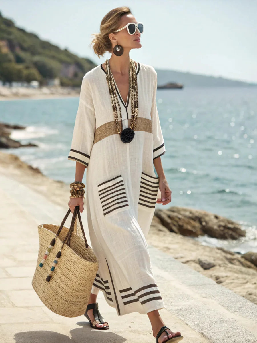 Janie Striped Kaftan Dress in Black