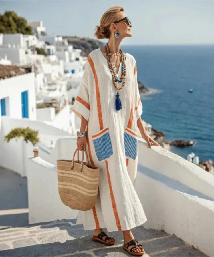 Janie Striped Kaftan Dress in Orange