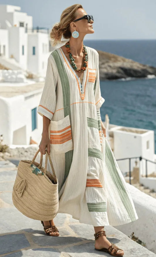 Janie Striped Kaftan Dress in Green