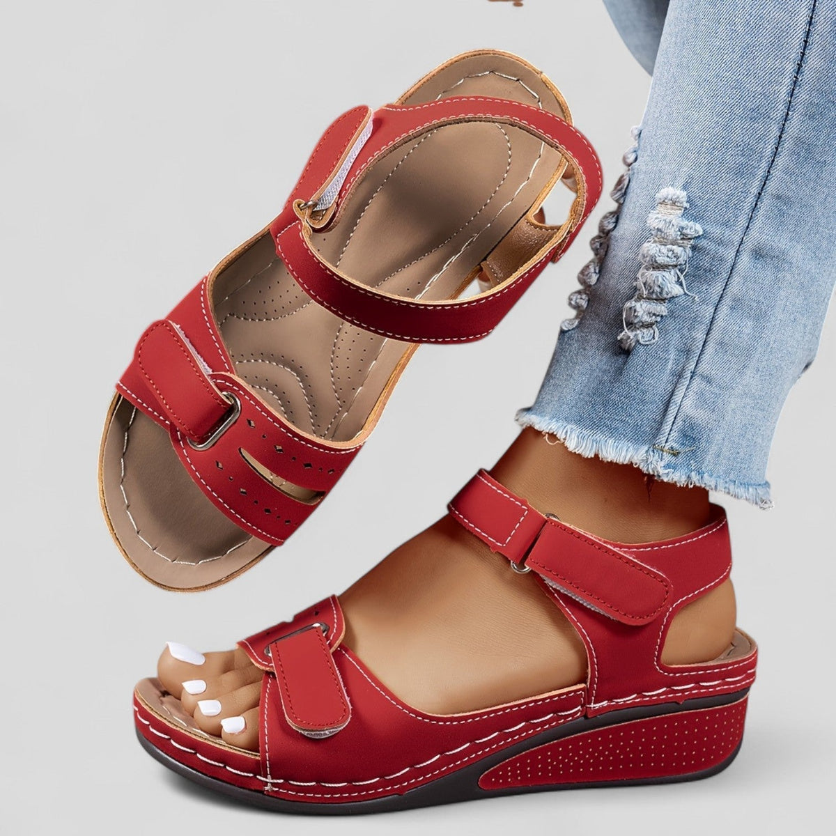 Jean Adjustable Wedge Sandals in Red