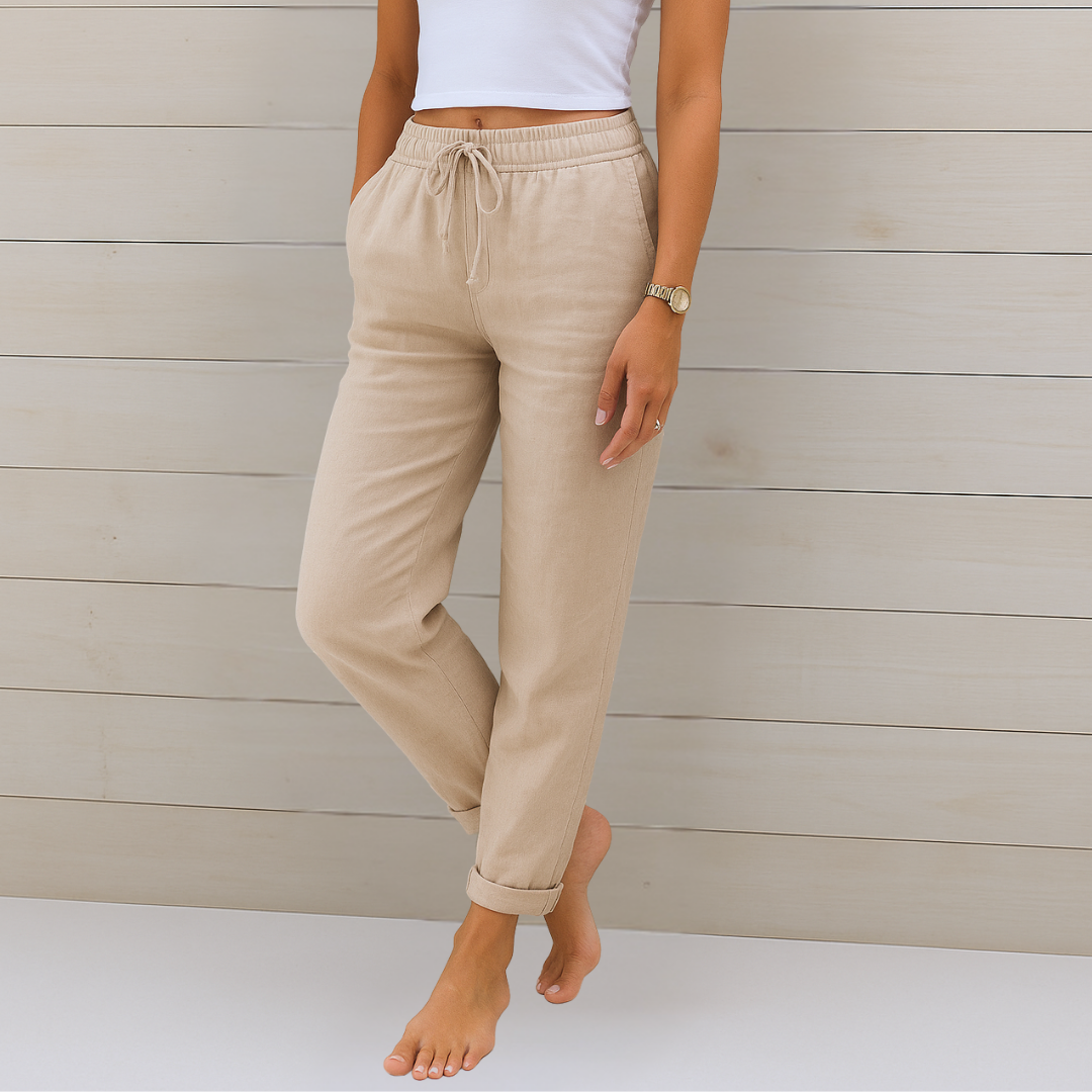 Jeanette Drawstring Straight Trousers in Beige