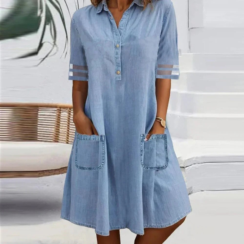 Jeannine Collared Denim Dress in Blue
