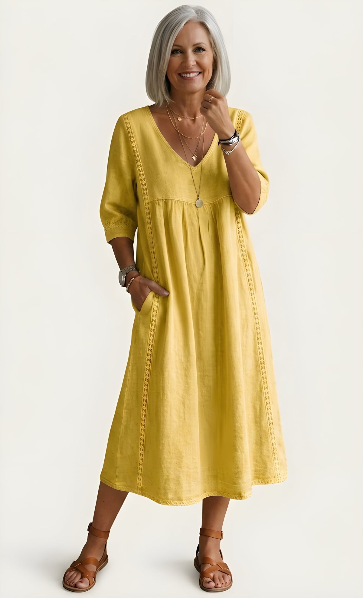 Jemima Lace Trim Dress in Yellow