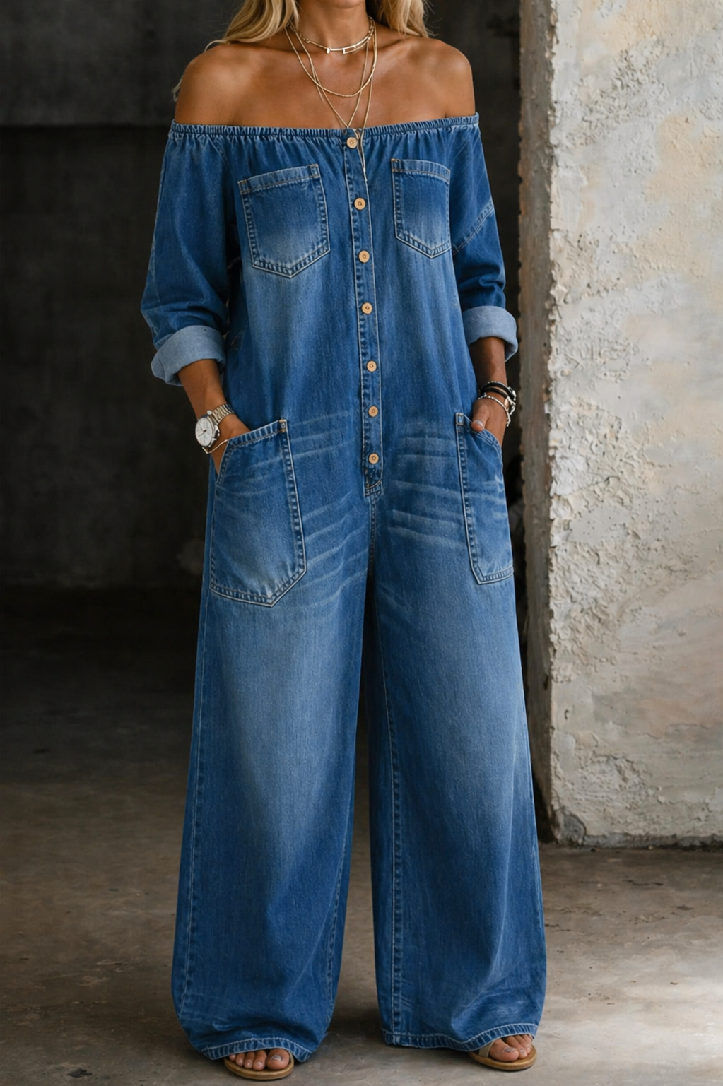 Jerri Off-Shoulder Denim Jumpsuit in Blue