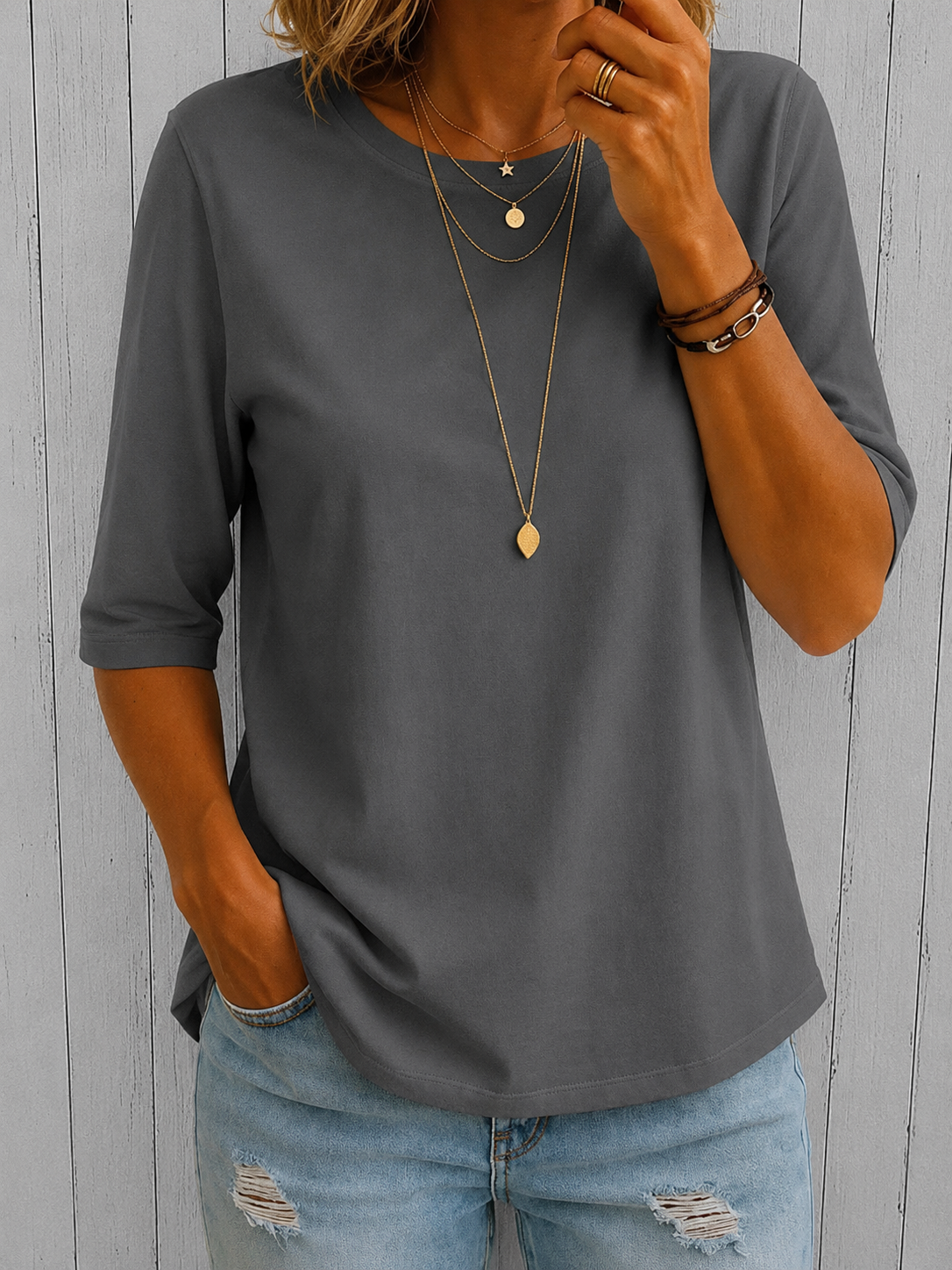 Jodie Elbow Sleeve Tee in Grey