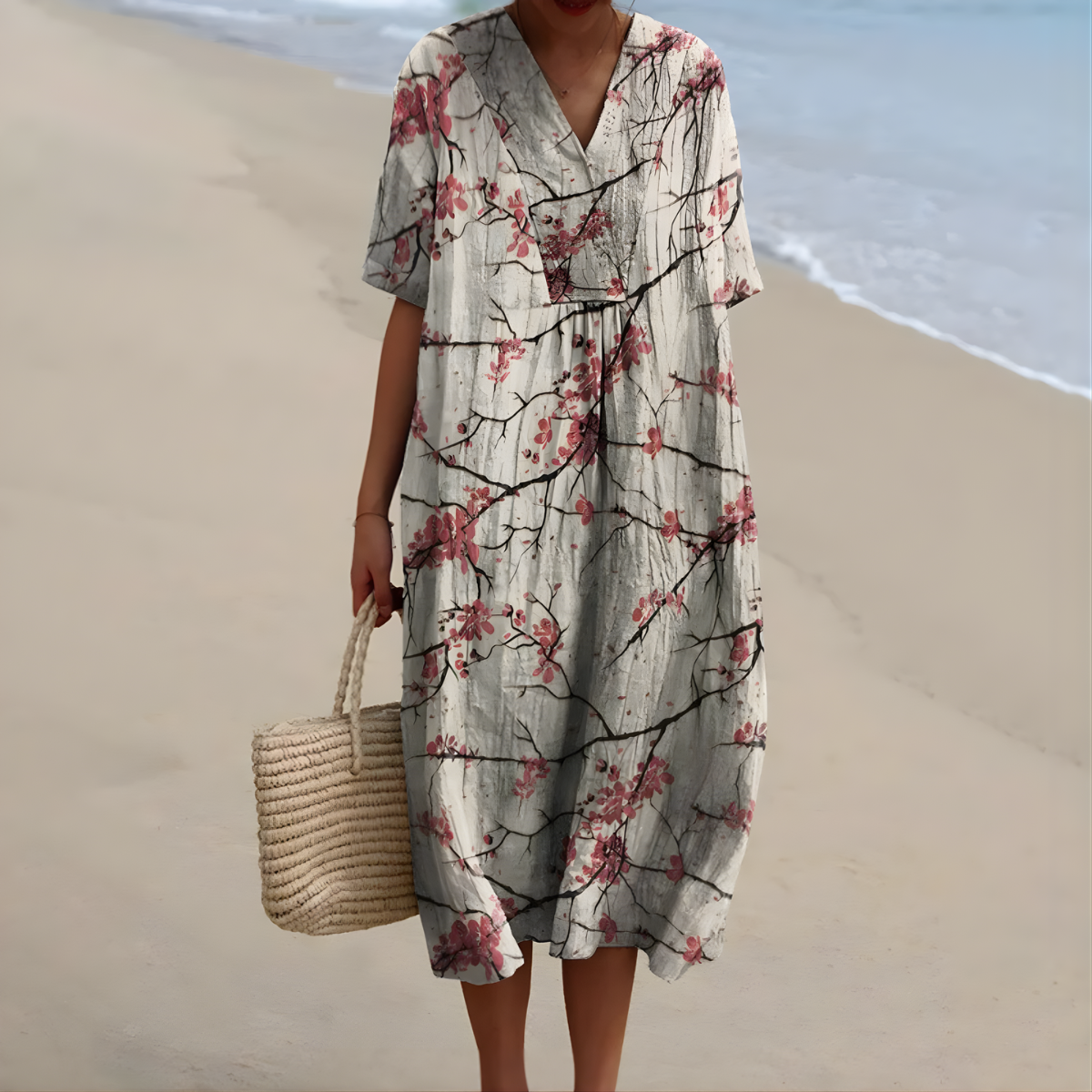 Joetta Blossom Branch Dress in Floral Grey Pink