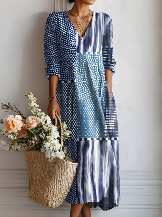 Jovita Patchwork Midi Dress in Blue Patchwork