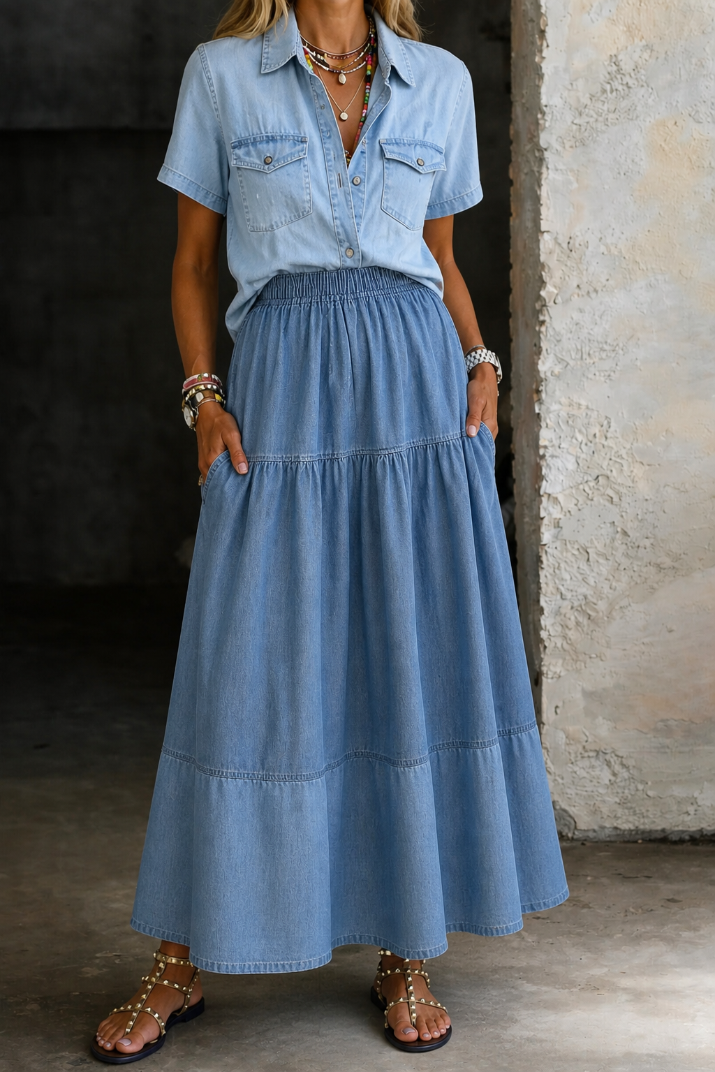 Juana Tiered Denim Maxi in Light Blue