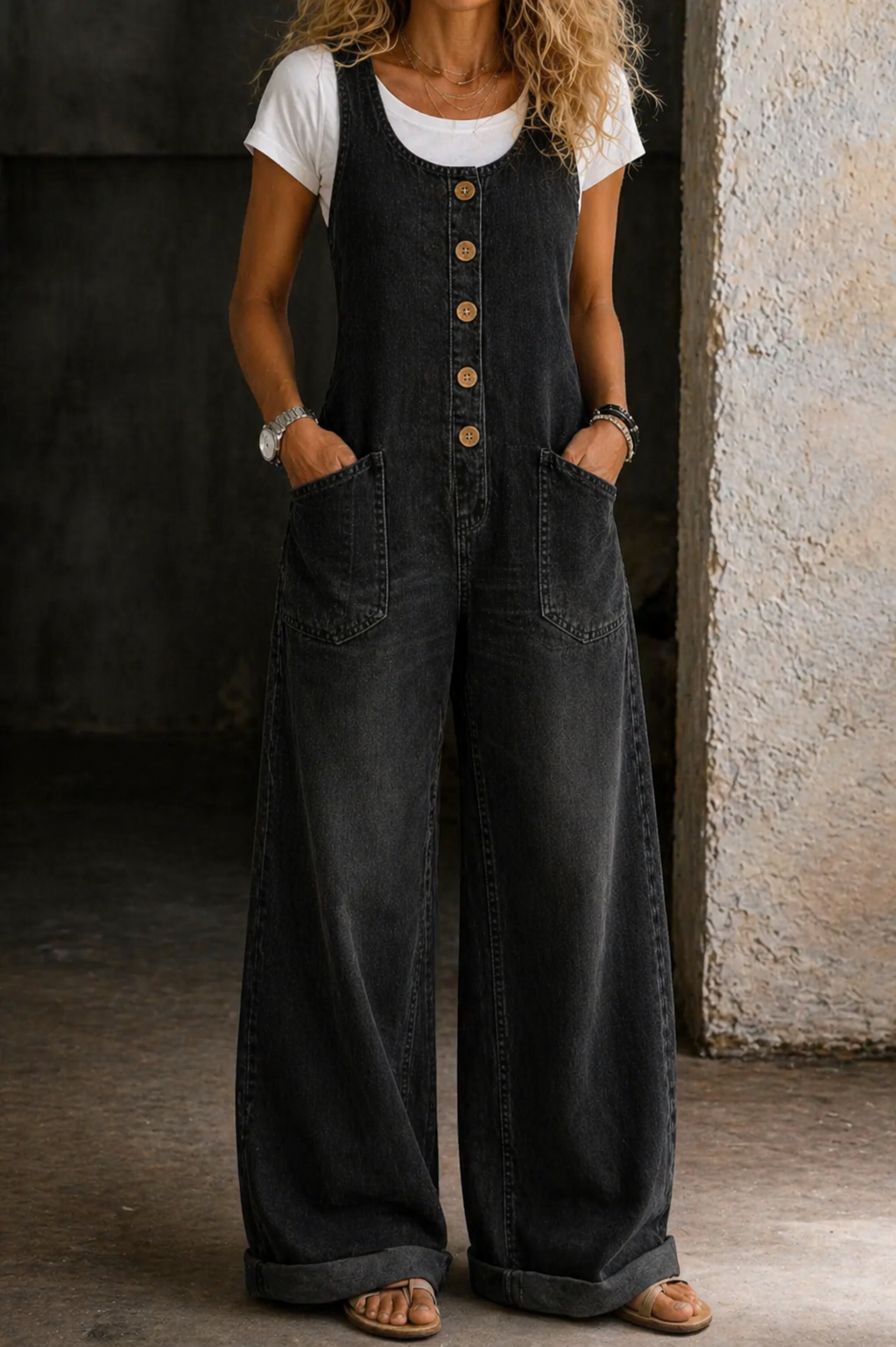 Julissa Scoop Neck Dungarees in Black