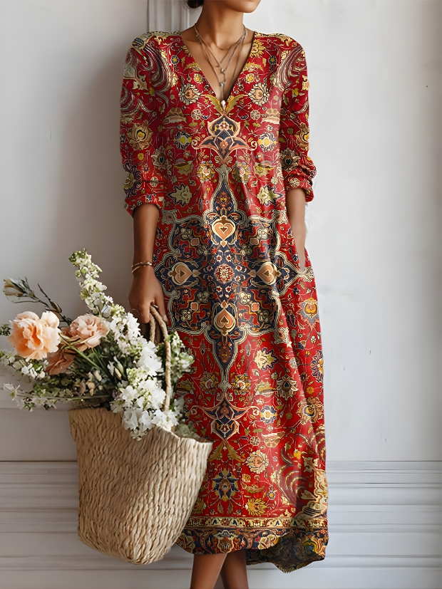 Juna Paisley V-Neck Dress in Red Paisley
