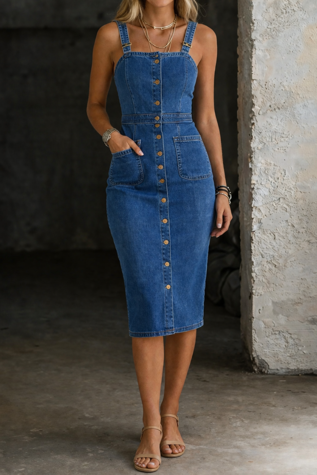 Kailey Square Neck Pinafore in Blue