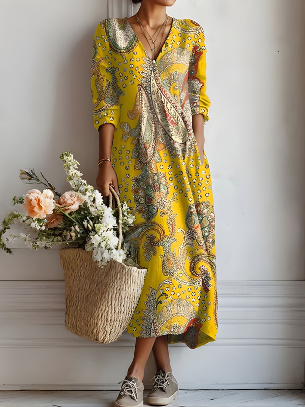 Karin Paisley Midi Dress in Yellow Paisley